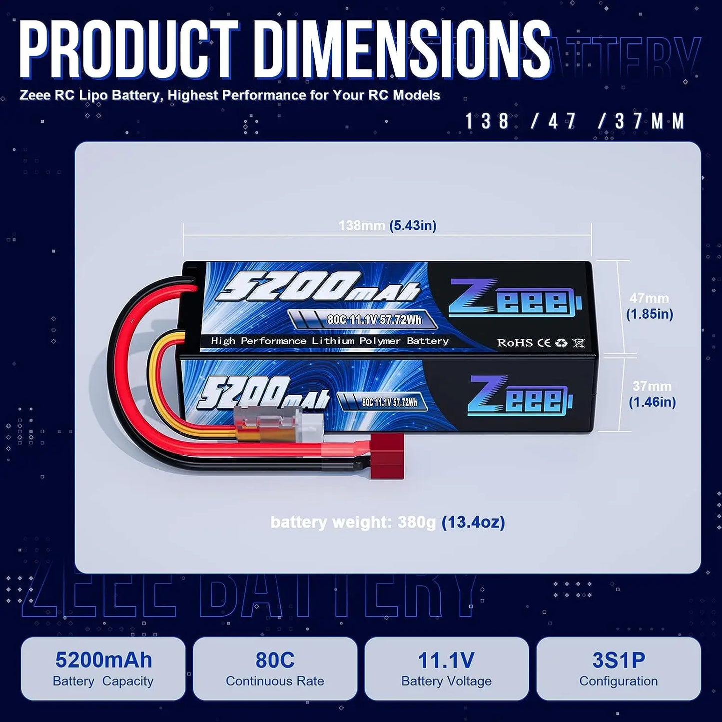 1/2pcs Zeee 3S 5200mAh LiPo Battery, Half Piece Zeee 3S 5200mAh LiPo Battery, 11.1V, 80C Hardcase, T/XT60/EC3/EC5 Plug for RC Car, Buggy, Truck, FPV Drone.
