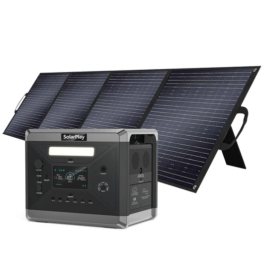 SolarPlay Q2402M Portable Power Station, Portable 2304Wh LiFePO4 power station delivers 2500W output, features digital display, multiple outlets, and includes a 200W solar panel for efficient renewable charging.