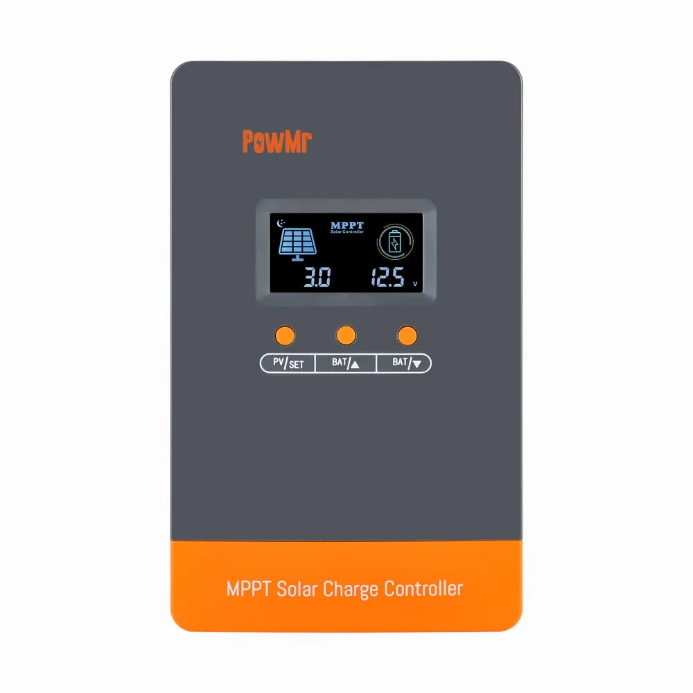 PowMr MPPT solar charge controller front view with backlit LCD showing PV and battery readouts