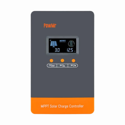 PowMr MPPT solar charge controller front view with backlit LCD showing PV and battery readouts