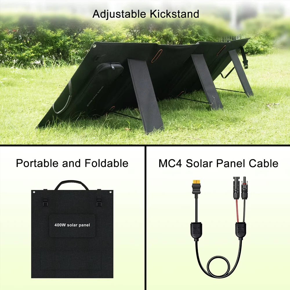 IEETEK P2400 2400W Portable Power Station, Portable foldable 400W solar panel with adjustable kickstand and MC4 cable for solar connection.