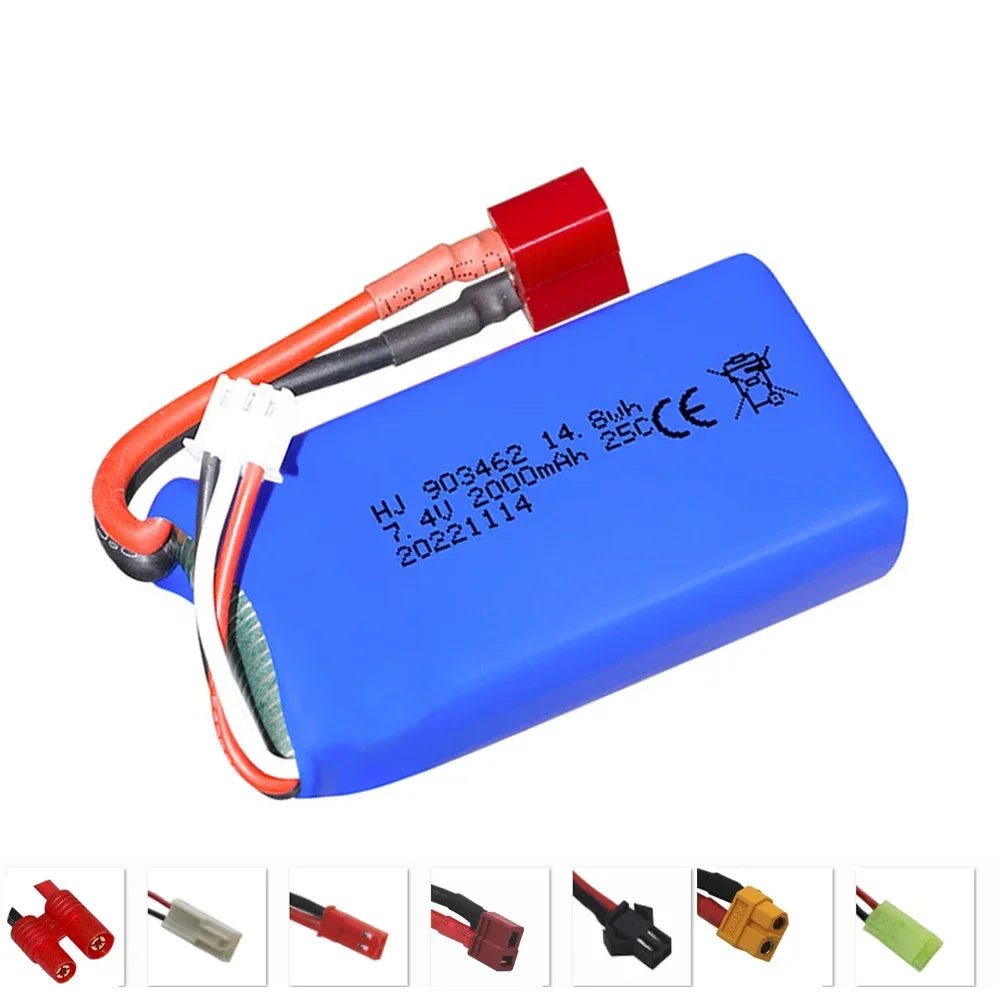 7.4V 2000mAh 903462 2S Lipo Battery, 7.4V 2000mAh LiPo battery, 14.8Wh, 25C, CE certified, compatible with RC cars and speedboats, available with multiple connectors.