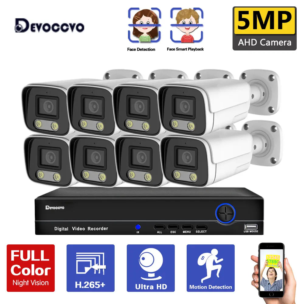 Devoccvo 5MP 8CH AHD DVR Kit, High-definition camera with advanced features like face detection, night vision, and motion detection.