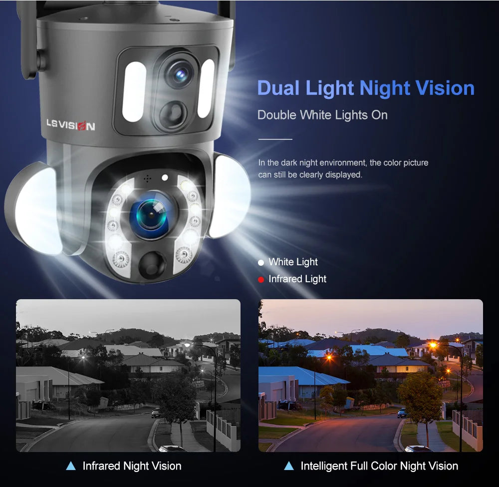 LS VISION 4K 8MP Solar Camera, Capture clear, colorful images at night with dual light modes: white and infrared.