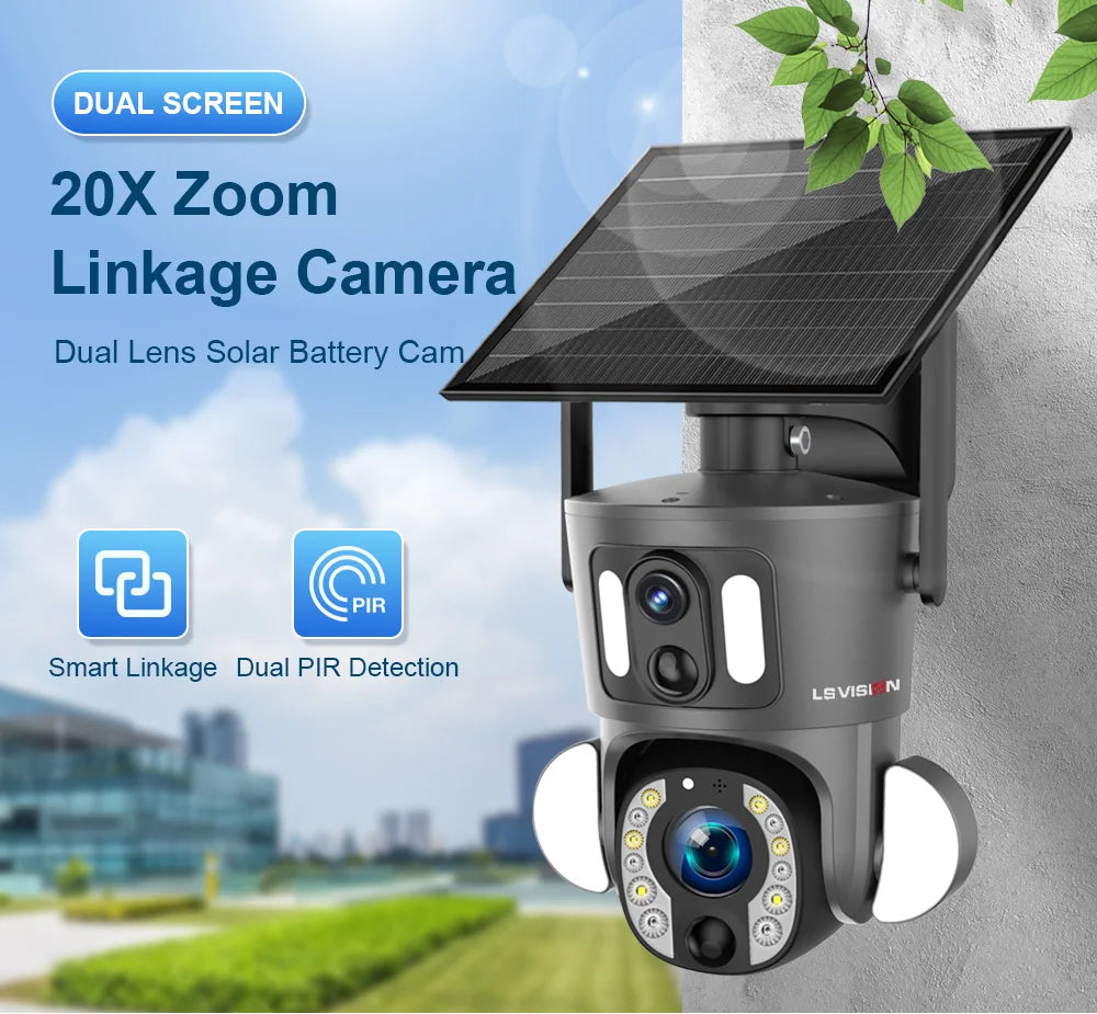 LS VISION 4K 8MP Solar Camera, Levis 4K camera has dual screens, 20x zoom, solar power, and smart PIR detection for enhanced security.