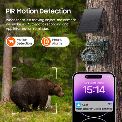 SHIWOJIA 3MP 4G Solar Camera, Motion detection activates recording and sends alerts via app with reminders.