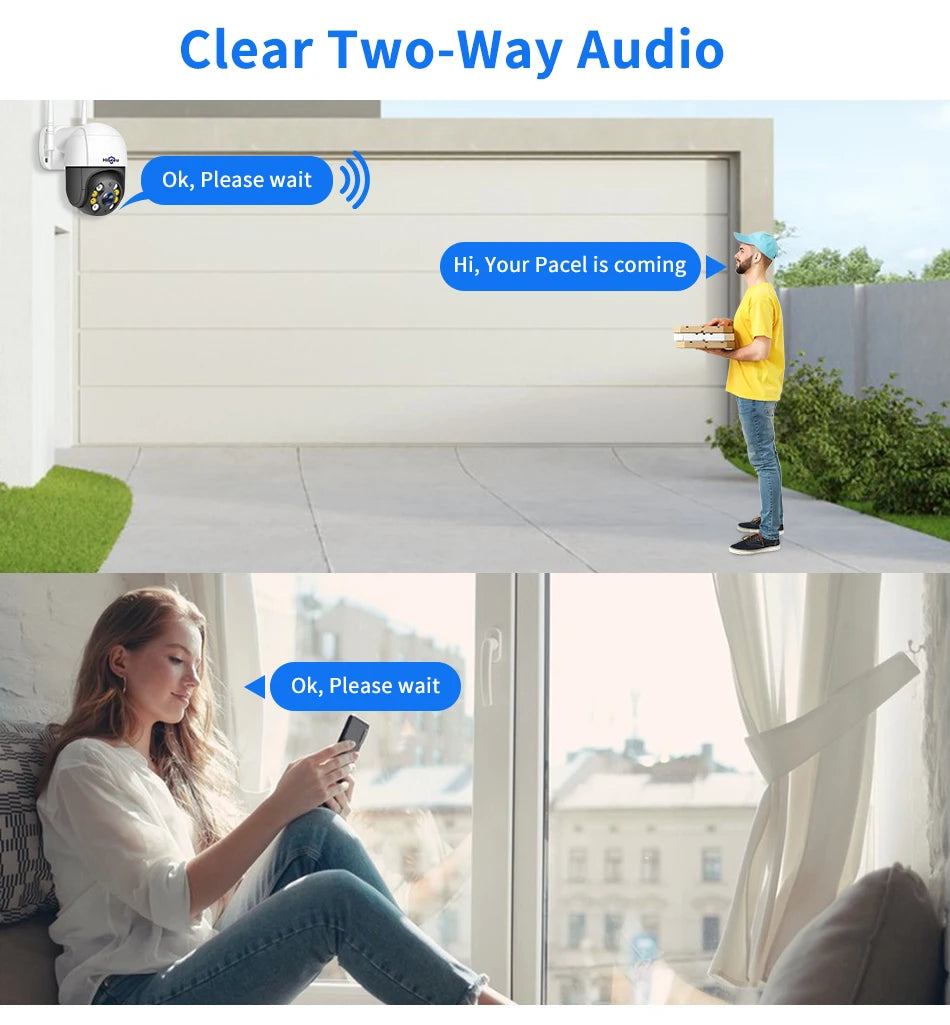 Hiseeu 4K 8MP Smart Wifi PTZ Camera, Receive parcel updates through clear two-way audio communication with the camera's microphone and speaker.