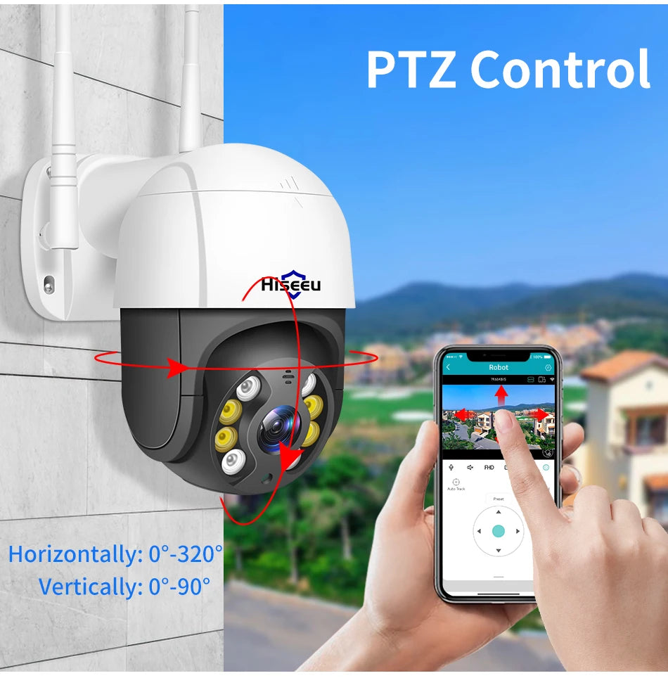 Hiseeu 4K 8MP Smart Wifi PTZ Camera, Pan and tilt camera control system with 9m horizontal and vertical range.