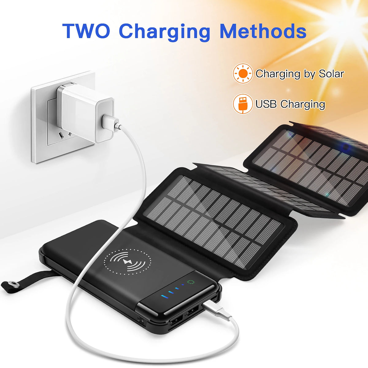 Solar Power Bank Stackable 10000mAh Solar Power Bank with 4 Detachable Panels, Qi Wireless & Dual ...