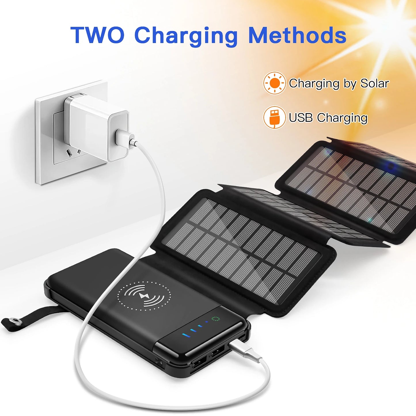 10000mAh Solar Power Bank, Solar power bank with dual charging: solar and USB, wireless Qi, flashlight.