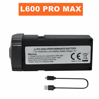 L600 PRO MAX 7.4V 4500mAh Li-Po battery, 5V output, USB cable included. Use only factory cable. Avoid damage, fire, water. CE certified. Made in China.