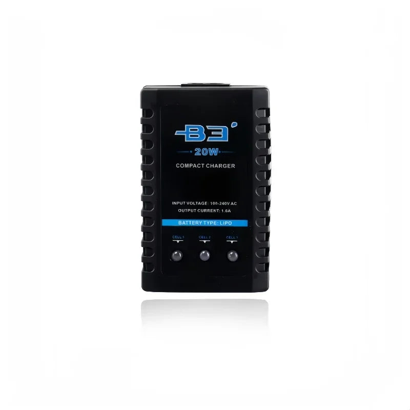 Imax B3 Pro 2S–3S LiPo Battery, Compact 20W B3 charger for LiPo batteries, 100-240V AC input, 1.6A output, with cell indicators for monitoring.