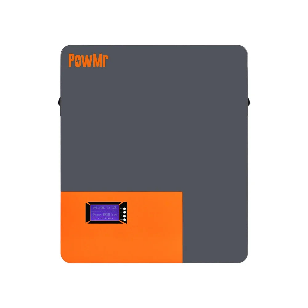 PowMr hybrid solar inverter angled side view showing plain front panel and small control screen area