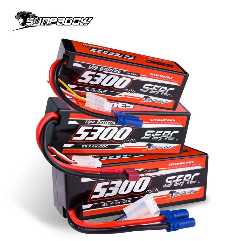 SUNPADOW Lipo Battery, SUNPADOCK 5300mAh LiPo batteries (2S/3S/4S) with 100C discharge, EC5/T plug, for RC vehicles. Includes SERC branding and safety warnings.