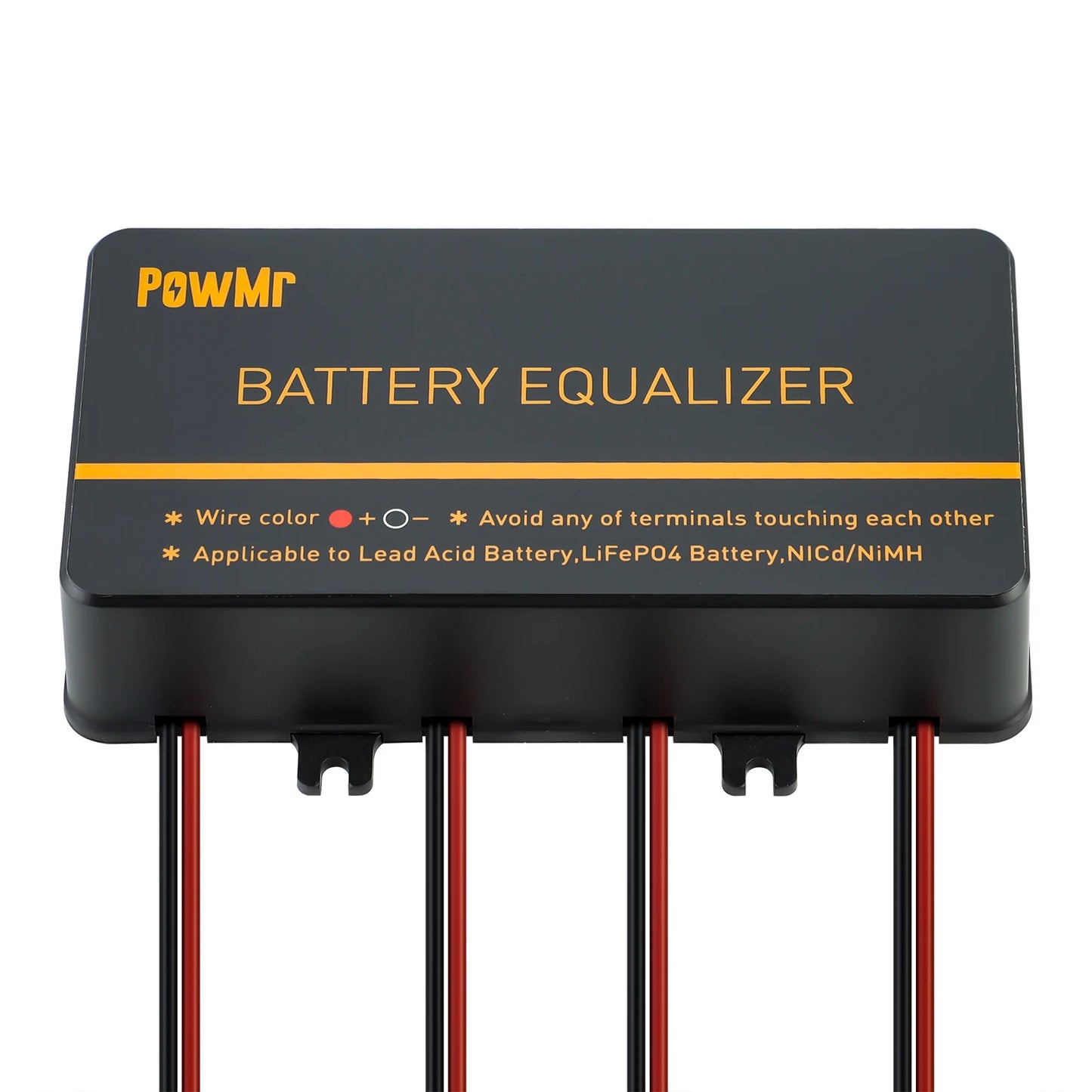 PowMr battery equalizer front label showing wire color legend and four red/black lead wires