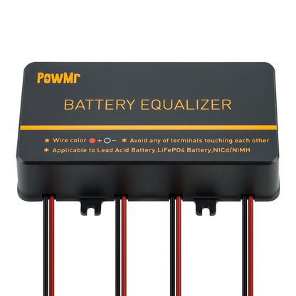 PowMr battery equalizer front label showing wire color legend and four red/black lead wires