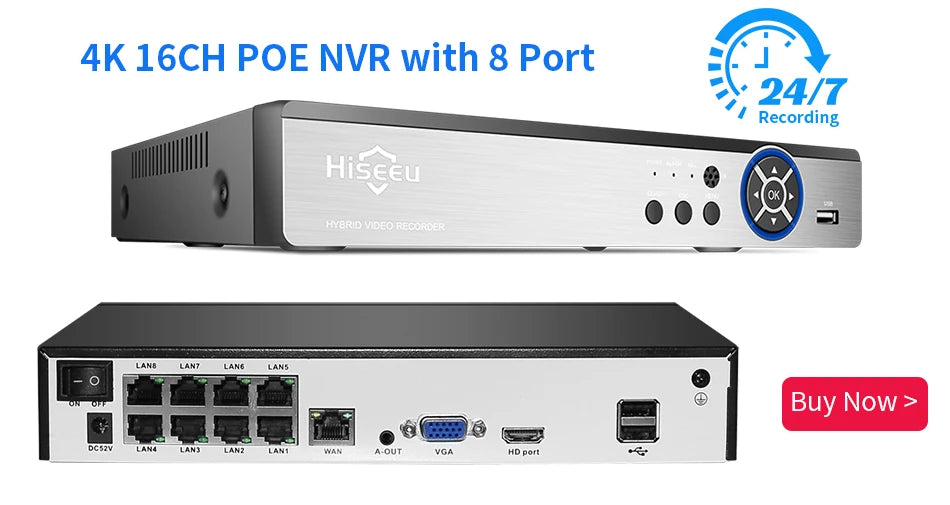 Hiseeu 2K 4MP Camera, Seamless surveillance with Hiseeu's 4K POE NVR: 16-channels, 8-port 24/7 recording.