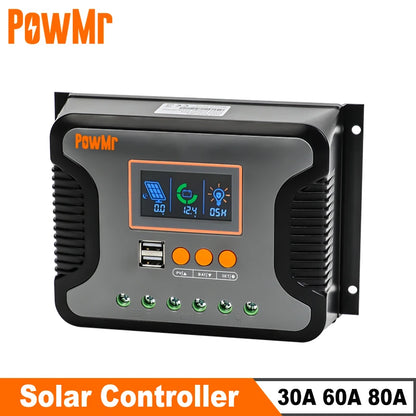 PowMr solar controller product image with on-screen display and text showing 30A 60A 80A options