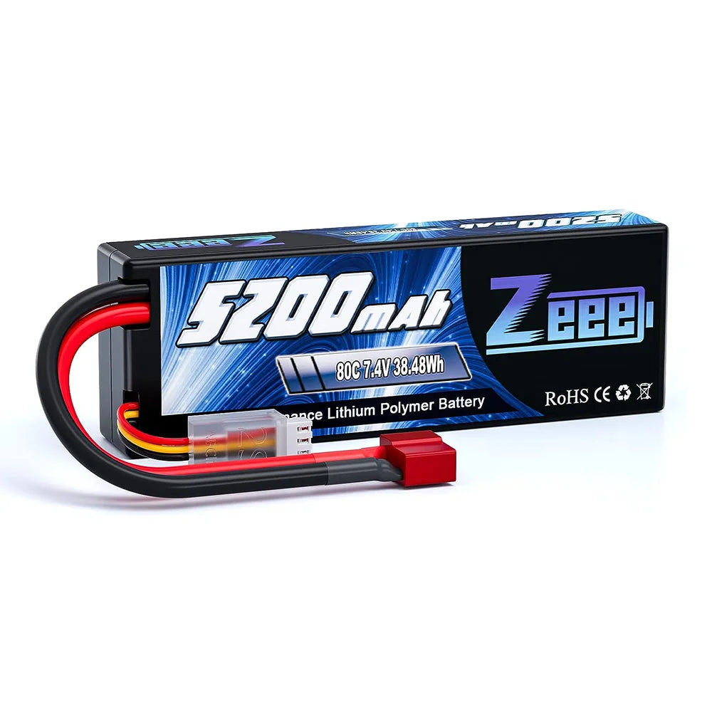 Zeee 2S RC LiPo Battery, Zeee 5200mAh 7.4V LiPo battery with 80C discharge, hard case, Deans plug, RoHS and CE certified, ideal for RC vehicles and airplanes.