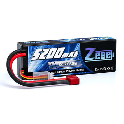 Zeee 2S RC LiPo Battery, Zeee 5200mAh 7.4V LiPo battery with 80C discharge, hard case, Deans plug, RoHS and CE certified, ideal for RC vehicles and airplanes.