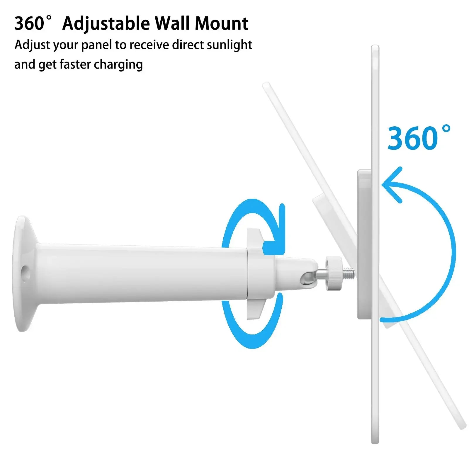 Arlo Essential Solar Panel, Adjustable solar mount for optimal energy absorption with tilting and angling up to 360° for fast charging.