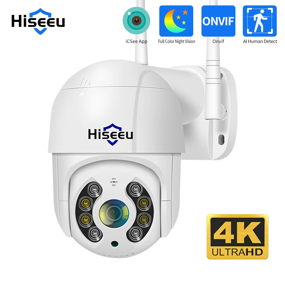 Hiseeu 1080P 2MP Camera, High-tech security camera with advanced features like ONVIF, color night vision, AI detection, and iCSee app compatibility.