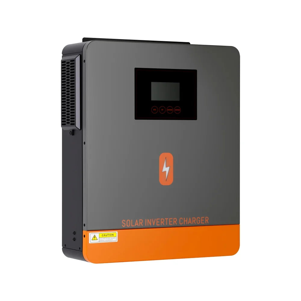 PowMr hybrid solar inverter front view with LCD display, wall-mount grey and orange housing