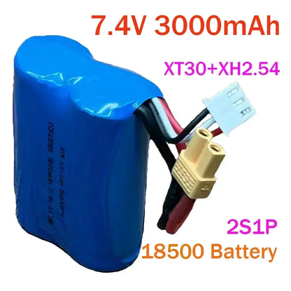 7.4V 3000mAh 2S1P 18500 Lipo Battery, 7.4V 3000mAh LiPo battery with XT30 and XH2.54 connectors, designed for RC boats and toy cars.