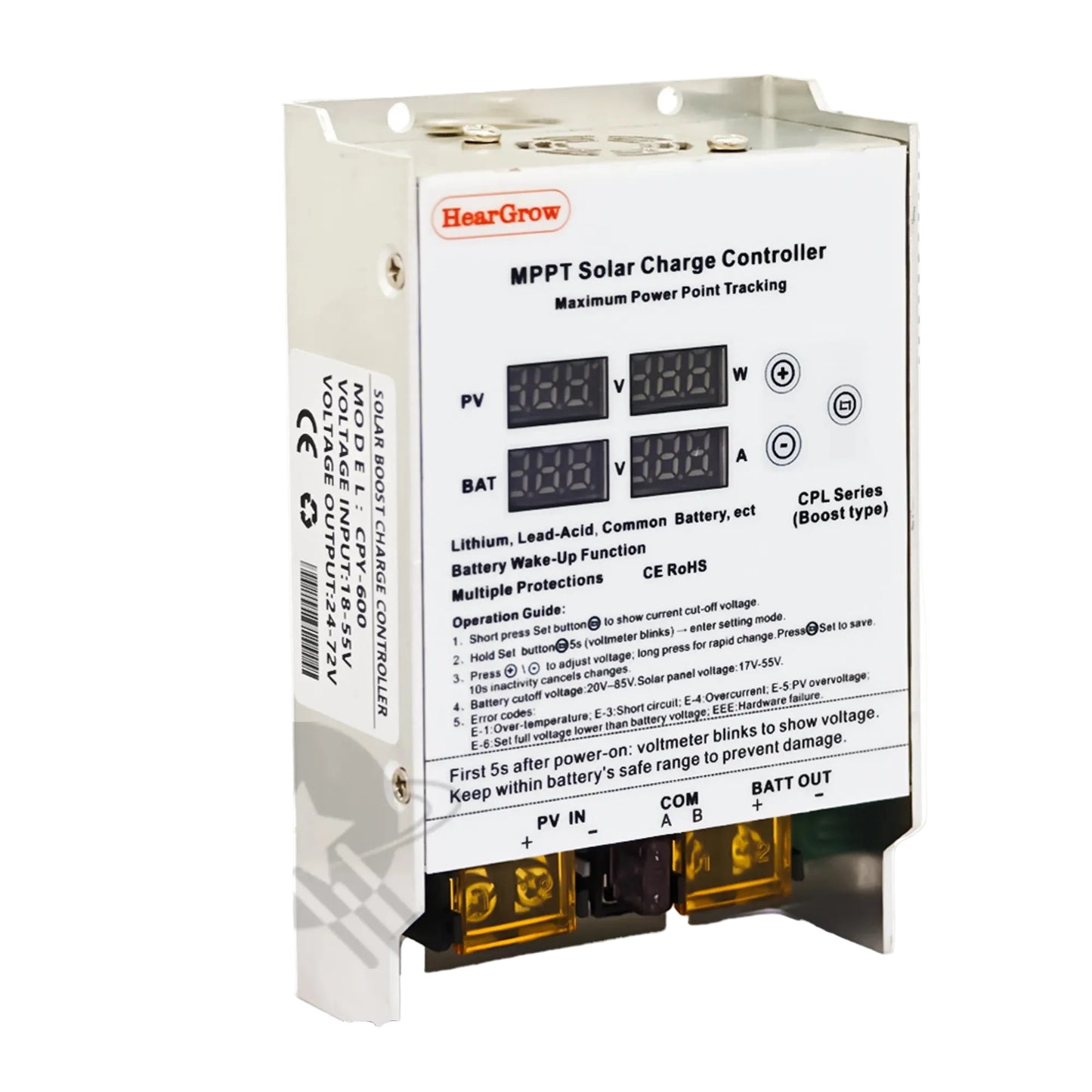 CPL-601 MPPT boost solar charge controller in metal case with dual display and PV/BAT terminals