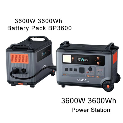 US Plug Oscal PowerMax 3600 Portable Power Station, 3600W power station with 3600Wh capacity, BP3600 battery pack, 14 ports, 5 LED modes, and advanced BMS for efficient energy management.