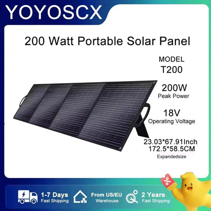 200W Portable Solar Panel, 200W 18V foldable monocrystalline solar panel (T200), 23.03x67.91 in, portable, fast shipping, 2-year warranty.