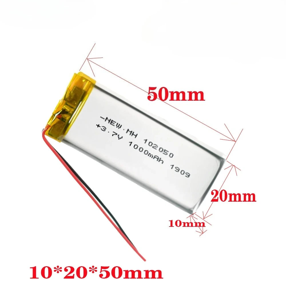 3.7V 1000mAh Li-Po battery with JST PH 2.0 connector, model 102050, ideal for small electronics and DIY projects.
