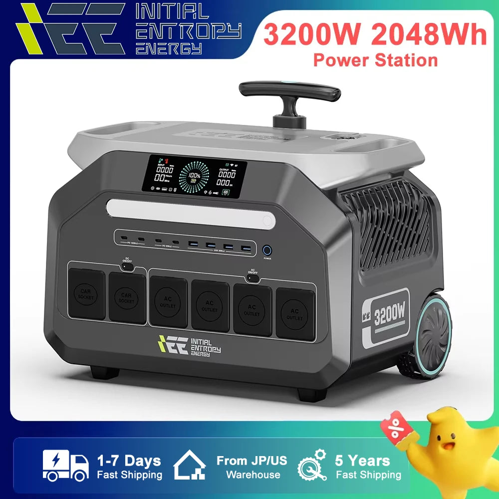 IEE 3200W portable power station with 2048Wh LiFePO4 battery, pure sine wave, solar charging, multiple ports, digital display. Ships fast from JP/US. 5-year warranty.
