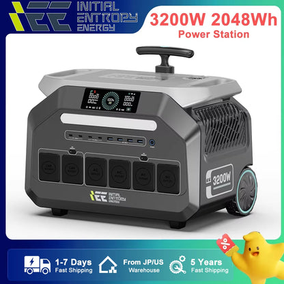 IEE 3200W portable power station with 2048Wh LiFePO4 battery, pure sine wave, solar charging, multiple ports, digital display. Ships fast from JP/US. 5-year warranty.