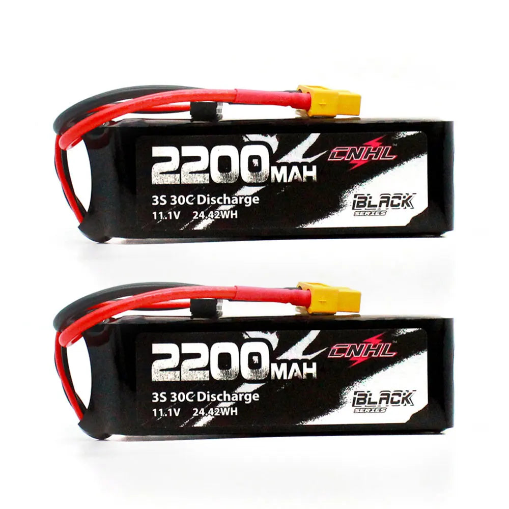 2PCS CNHL 3S 11.1V Lipo Battery, Two 11.1V 2200mAh 30C LiPo batteries with XT60 plugs, black series, designed for RC helicopters, airplanes, and FPV use.