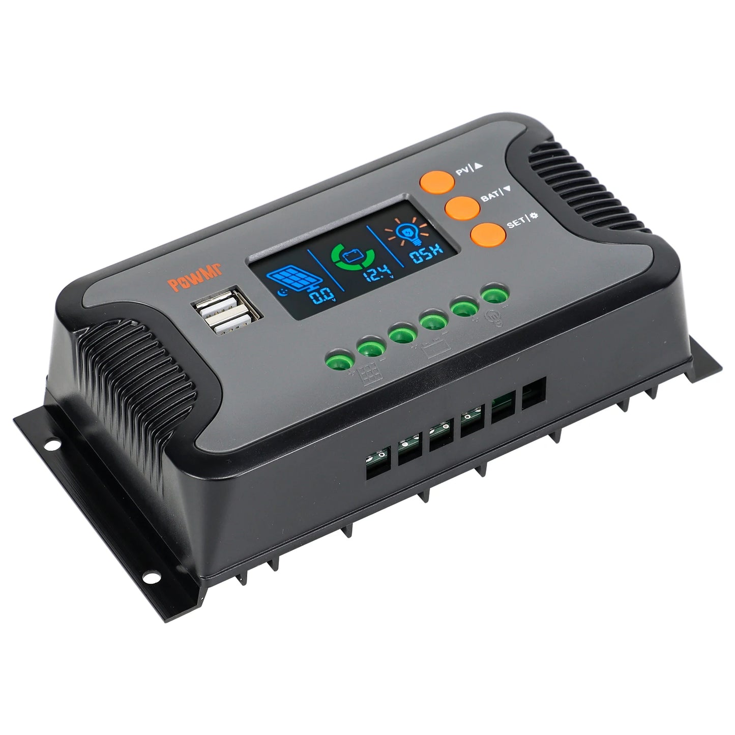 PowMr Pstar-80A PWM Solar Charge Controller, PowMr Pstar PWM solar charge controller with LCD status screen, dual USB ports, and PV/battery.
