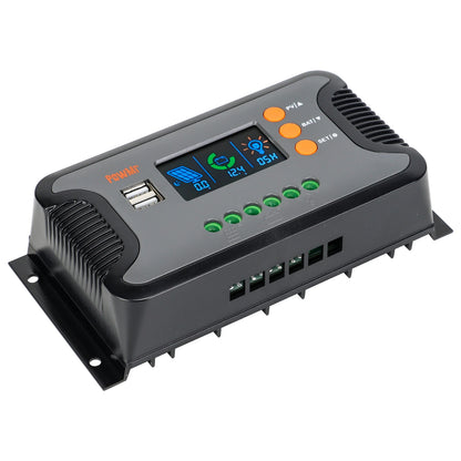 PowMr Pstar-80A PWM Solar Charge Controller, PowMr Pstar PWM solar charge controller with LCD status screen, dual USB ports, and PV/battery.