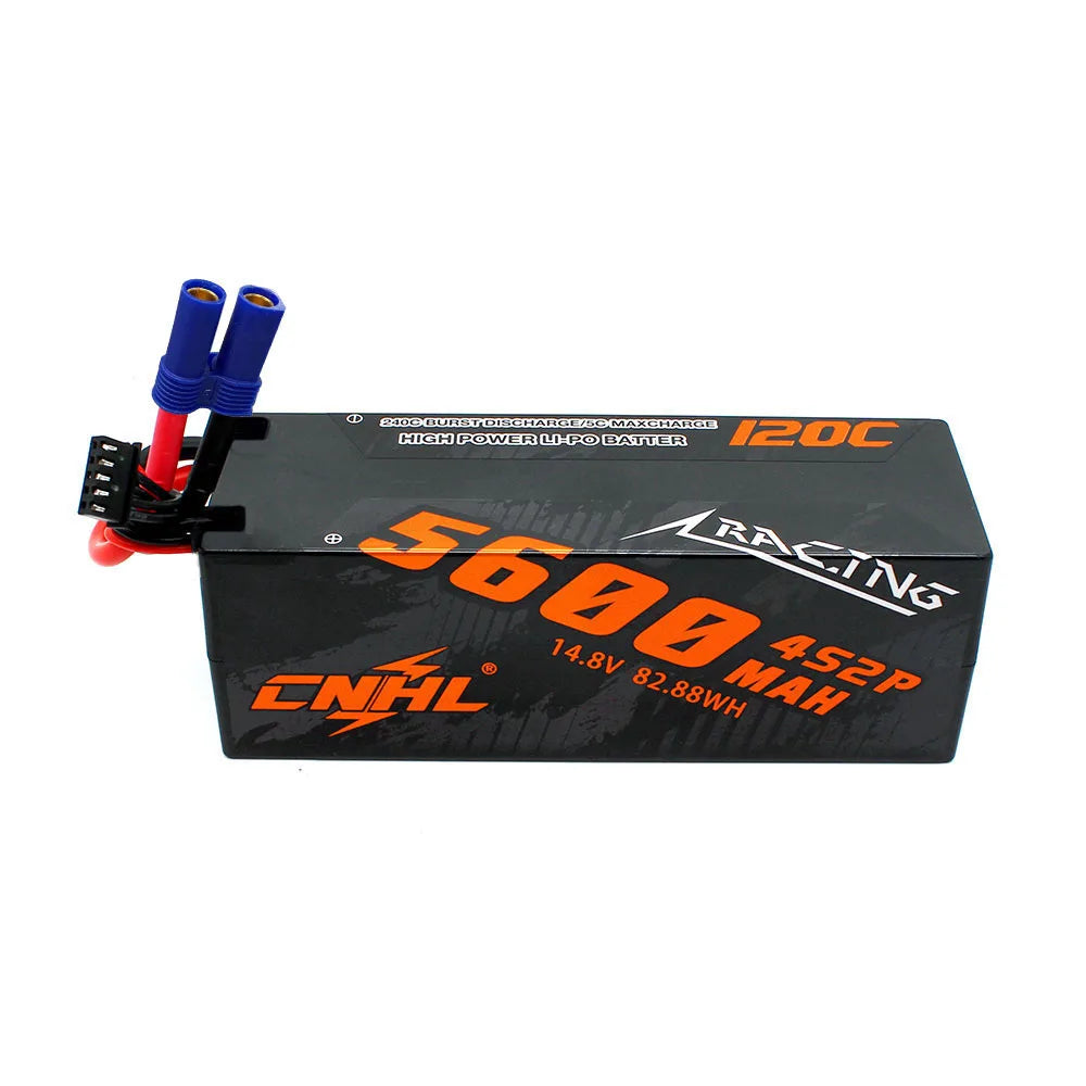 CNHL 3S/4S LiPo Battery, CNHL 5600mAh 14.8V 120C LiPo battery, 4S2P configuration, high power output, T/EC5 plug, designed for racing applications.