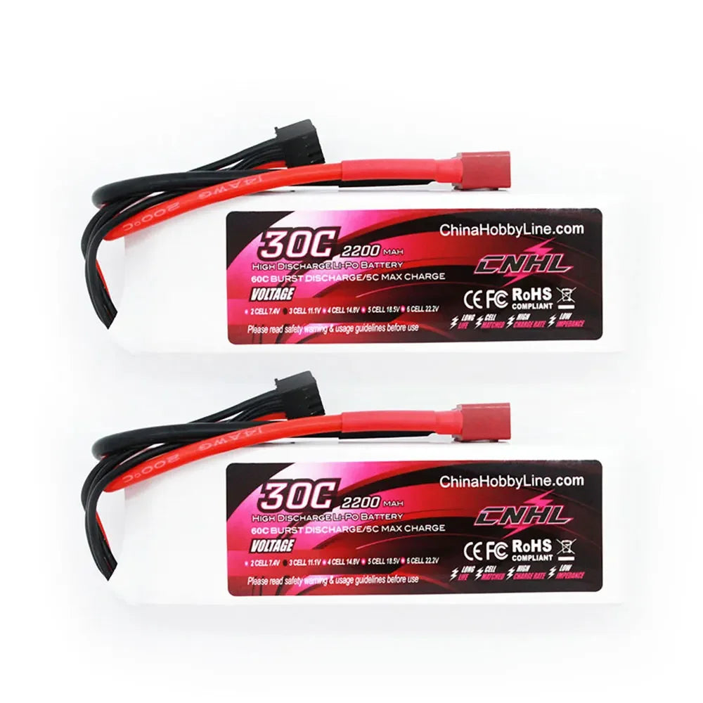 2PCS CNHL 3S 11.1V Lipo Battery, Two 11.1V 2200mAh 30C LiPo batteries, XT60 plugs, 60C burst, 5C charge, RoHS compliant, ideal for RC helicopters, airplanes, and FPV.