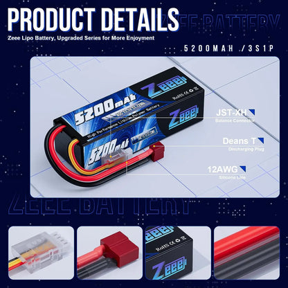1/2pcs Zeee 3S 5200mAh LiPo Battery, Zeee 5200mAh 11.1V 80C LiPo battery with hardcase, JST-XH and Deans connectors; suitable for RC vehicles and FPV drones.
