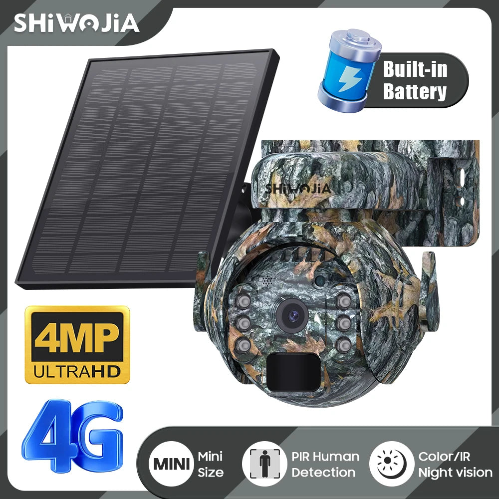 SHIWOJIA 2K 4MP 4G Solar Security Camera, 24/7 security camera with built-in battery, HD video, and advanced features like human detection.