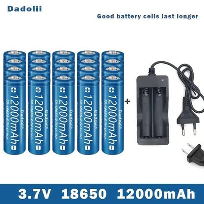 18650 Li-ion Rechargeable Battery 3.7V with Charger Set, Claimed 12000mAh, For Flashlight Torch (Dadolii)