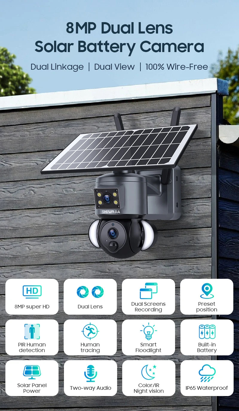 SHIWOJIA 4K 8MP Solar Camera, 4K solar-powered camera with dual lenses, waterproof, and advanced features for surveillance.