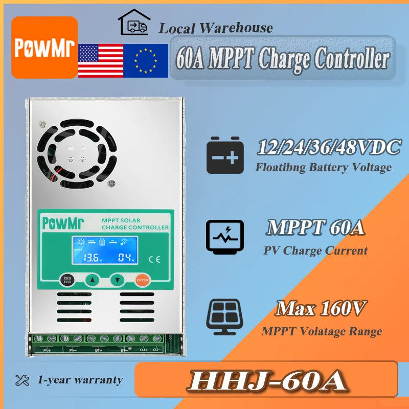 PowMr HHJ-60A 60A MPPT charge controller specs graphic showing 12/24/36/48V and max 160V PV input