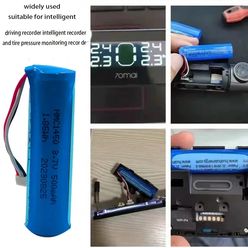3.7V 500mAh Li‑Ion Replacement Battery, 3.7V 500mAh Li-ion HMC1450 battery for 70mai dash cam, suitable for recorders and tire pressure monitors. (24 words)