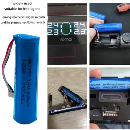 3.7V 500mAh Li‑Ion Replacement Battery, 3.7V 500mAh Li-ion HMC1450 battery for 70mai dash cam, suitable for recorders and tire pressure monitors. (24 words)