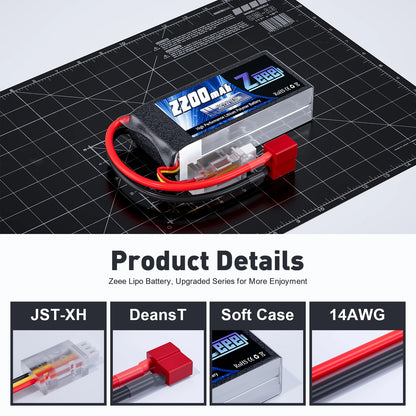 Zeee 2S 2200mAh Shorty RC Lipo Battery, Zeee 2S 2200mAh 7.4V 50C Lipo Battery with T/XT60 plug, JST-XH, DeansT, 14AWG wire—high-performance power for RC cars, buggies, and FPV drones.