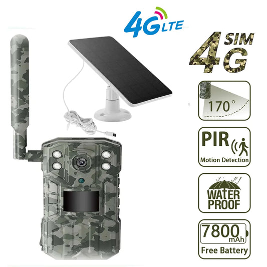 2560x1440 4G Solar Trail Camera, A high-tech camera designed for hunting, featuring 2560x1440 resolution, 30M night vision, and IP66 waterproofing.