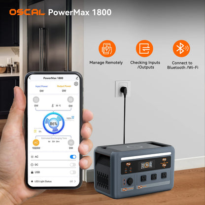 OSCAL PowerMax1800 Portable Power Station, The OSCAL PowerMax 1800 is a portable power station with a 1024Wh LiFePO4 battery, 1800W output, app control, solar charging, multiple ports, LED light, and expandable design.