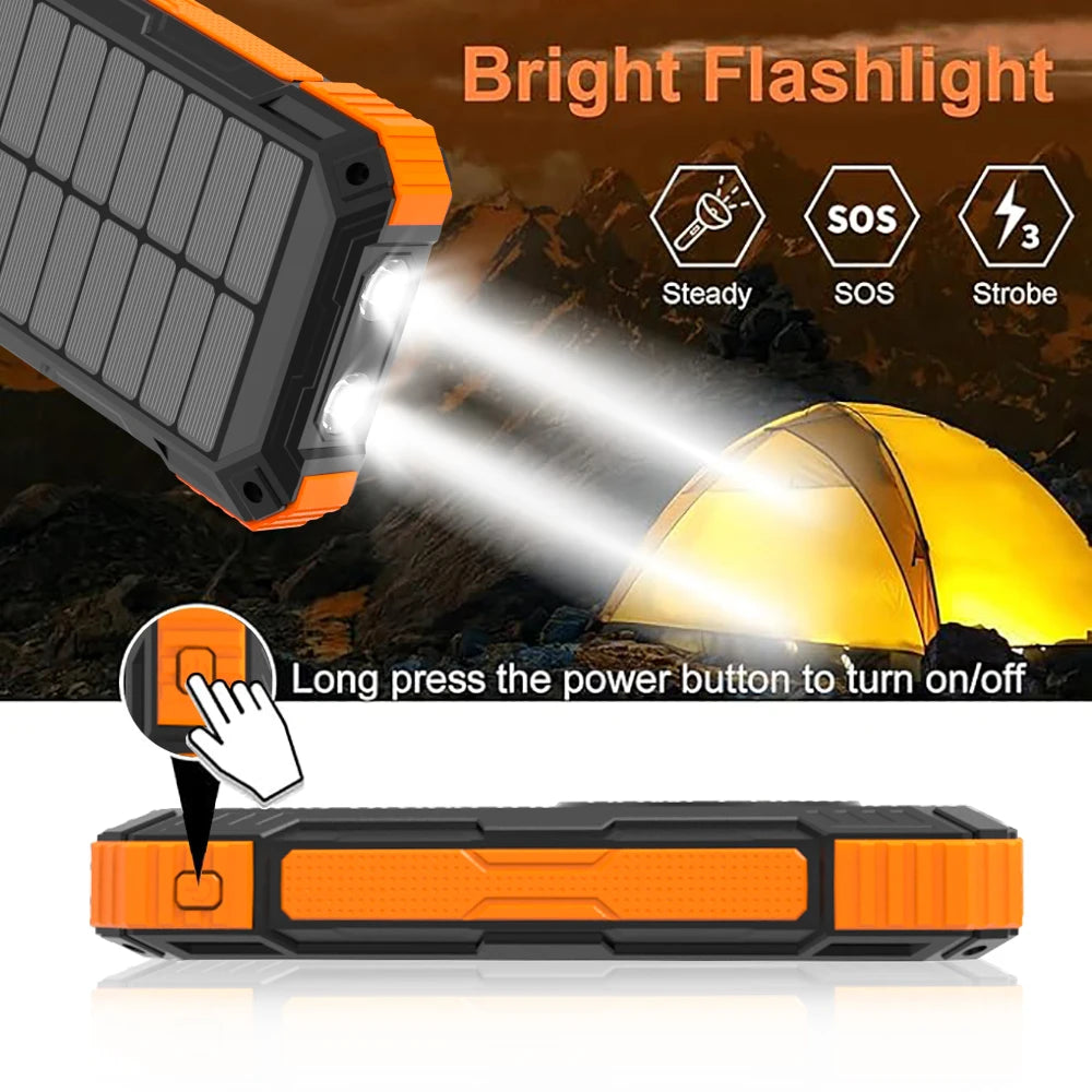 36000mAh Solar Power Bank, Bright flashlight with steady, SOS, and strobe modes. Long press power to toggle. Solar-powered bank with wireless charging and built-in cables.